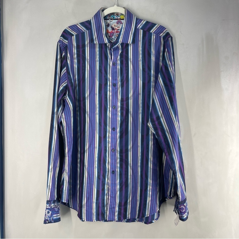 Robert Graham Men's Striped Blue and Purple Shirt Long Sleeve Contrast Cuff XL
